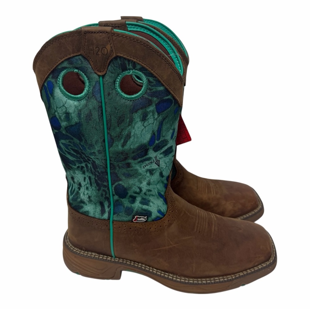 JUSTIN WOMEN'S STAMPEDE SQUARE TOE WESTERN BOOTS BROWN/BLUE SIZE 9.5B NWT$170